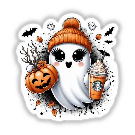 Pumpkin Spice and Everything Nice Cute Ghost II: A cartoon ghost holding a pumpkin and a coffee cup, ideal for stickers or digital artwork.