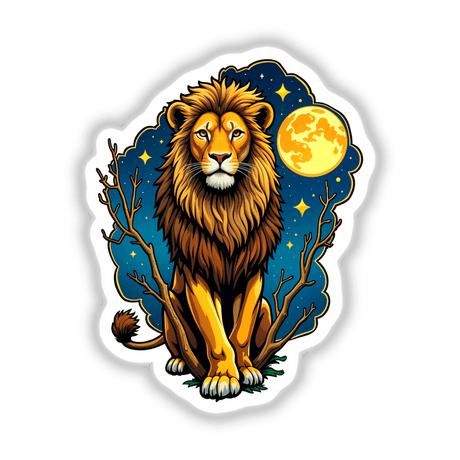 Cool Lion With A Starry Night: A cartoon lion sits serenely, surrounded by stars and celestial elements, available as a sticker or digital artwork from Decal Venue.