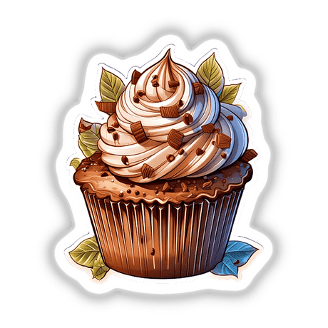 Ornate chocolate cupcake with decorative swirl frosting, leaf accents, and chocolate sprinkles against a plain background