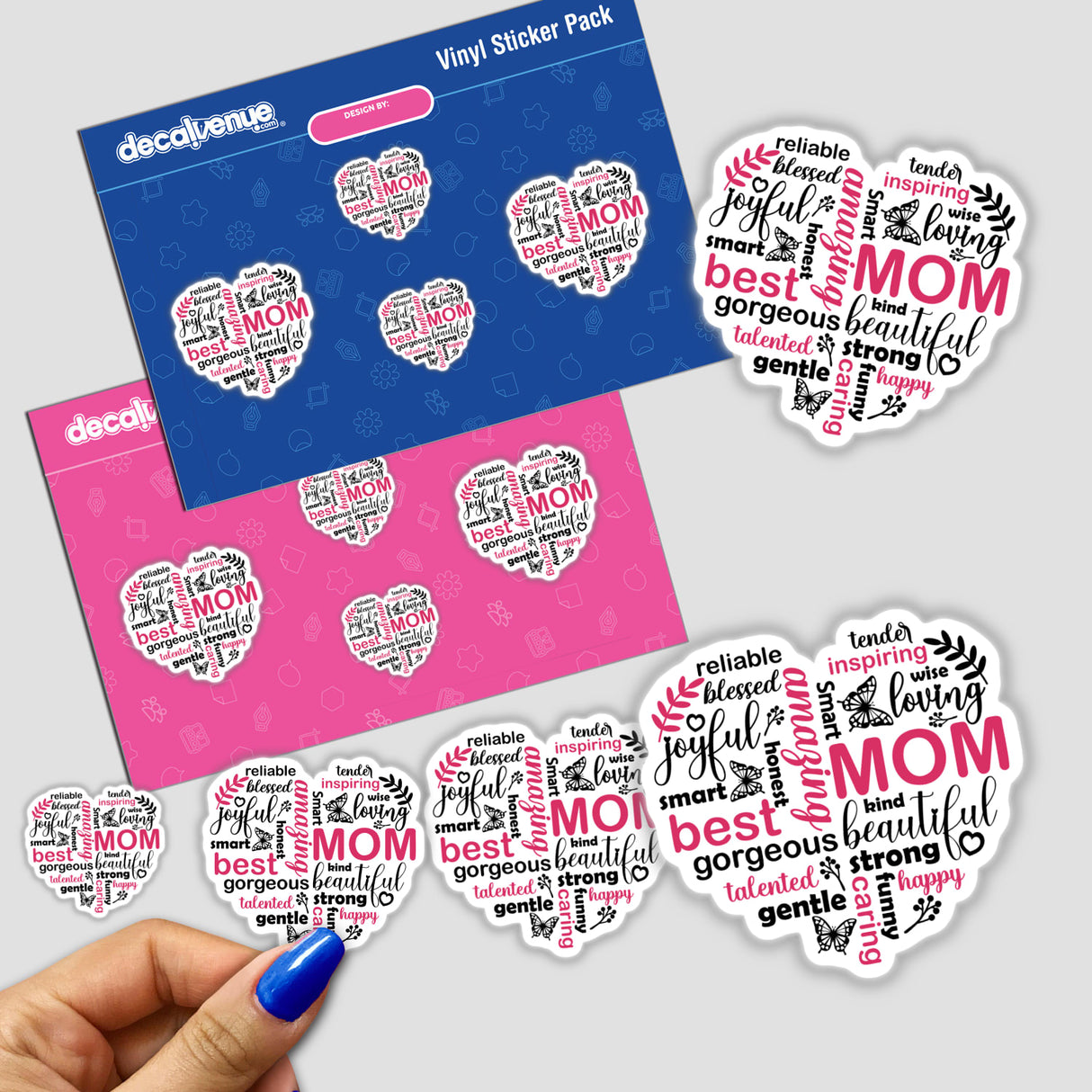 Colorful Mother's Day-themed vinyl stickers featuring heartfelt words and designs to express appreciation for mothers. The stickers are displayed on a blue and pink packaging background.