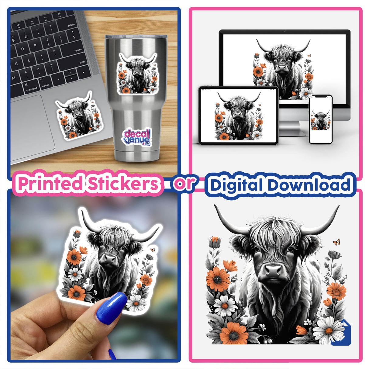 Highland Cow Floral Accents PA04 sticker shown on a laptop, held in hand, and as a digital download, featuring a cow with horns adorned with flowers.