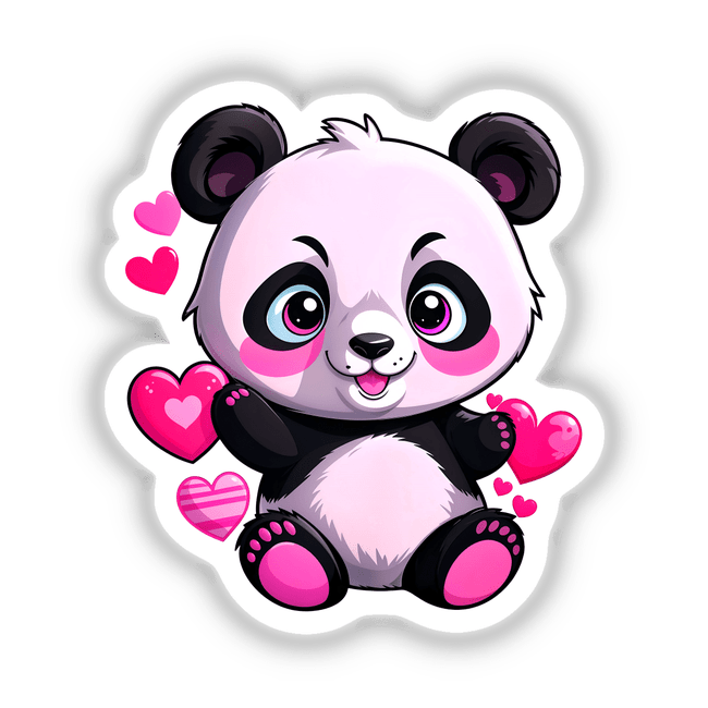 Cute panda bear cartoon with love hearts, available as stickers or digital artwork, perfect for unique decoration from Decal Venue.