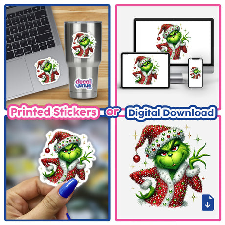 Sassy Christmas Green Grouch Rhinestone Santa sticker, featuring a cartoon character in a red and white Santa outfit, available as a decal or digital artwork from Decal Venue.