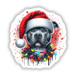 Christmas Pitbull Santa Tangled in Lights illustration of a dog wearing a Santa hat and wrapped in Christmas lights, available as stickers or digital artwork from Decal Venue.