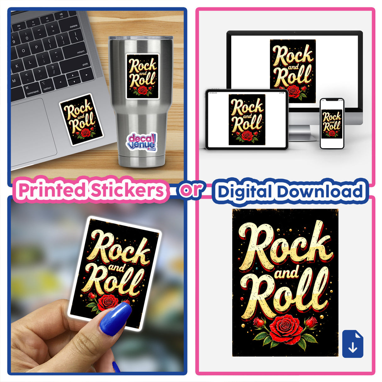 Rock 'n Roll Roses: A collage featuring laptops adorned with rose-themed stickers, a hand holding a card, and artistic elements, available as unique stickers or digital artwork from Decal Venue.