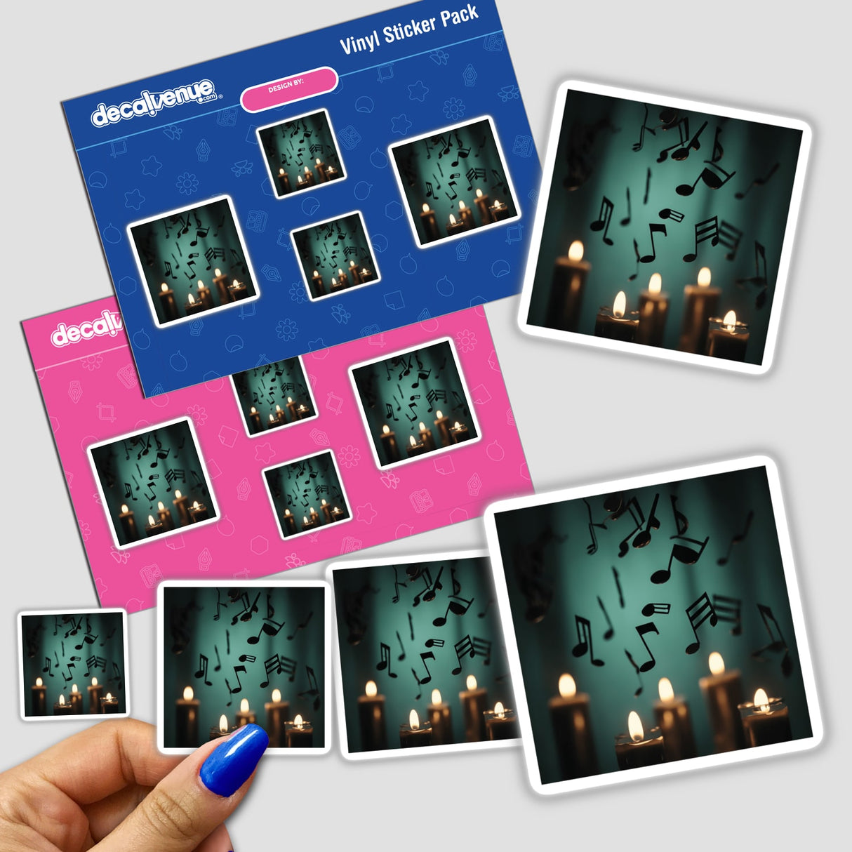 Hand holding a Musical Notes on Candlelight | Dark Academia Sticker pack, featuring images of candles adorned with music notes, available as stickers or digital artwork from Decal Venue.