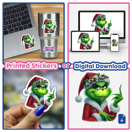 Up Your Chimney Green Grouch Rhinestone Santa depicted as a vibrant cartoon character on various items, including a silver cup and laptop, available as stickers or digital artwork.