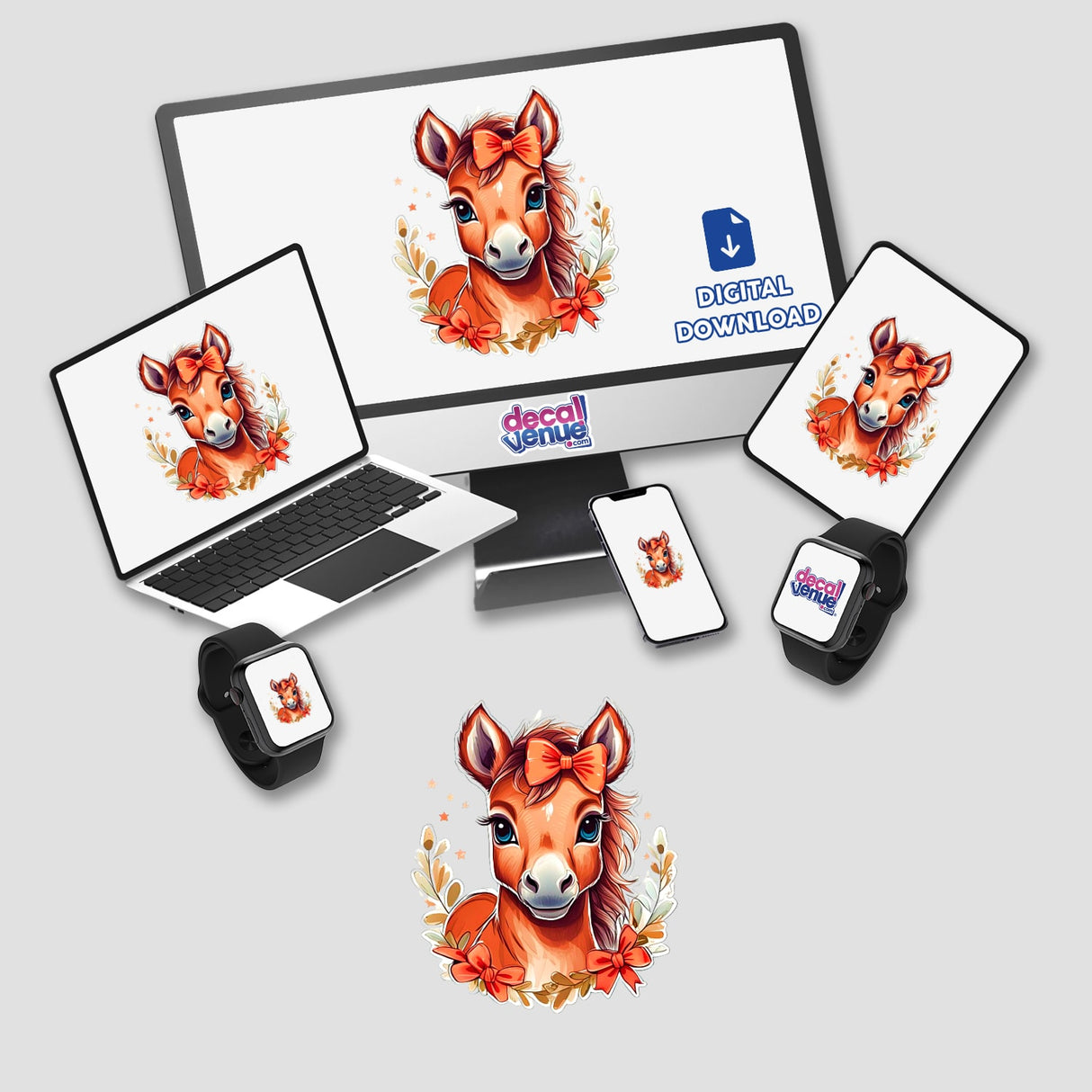 Foal-themed digital artwork featuring a horse on various devices, including a laptop, monitor, and smartwatch. Available as stickers or digital downloads.