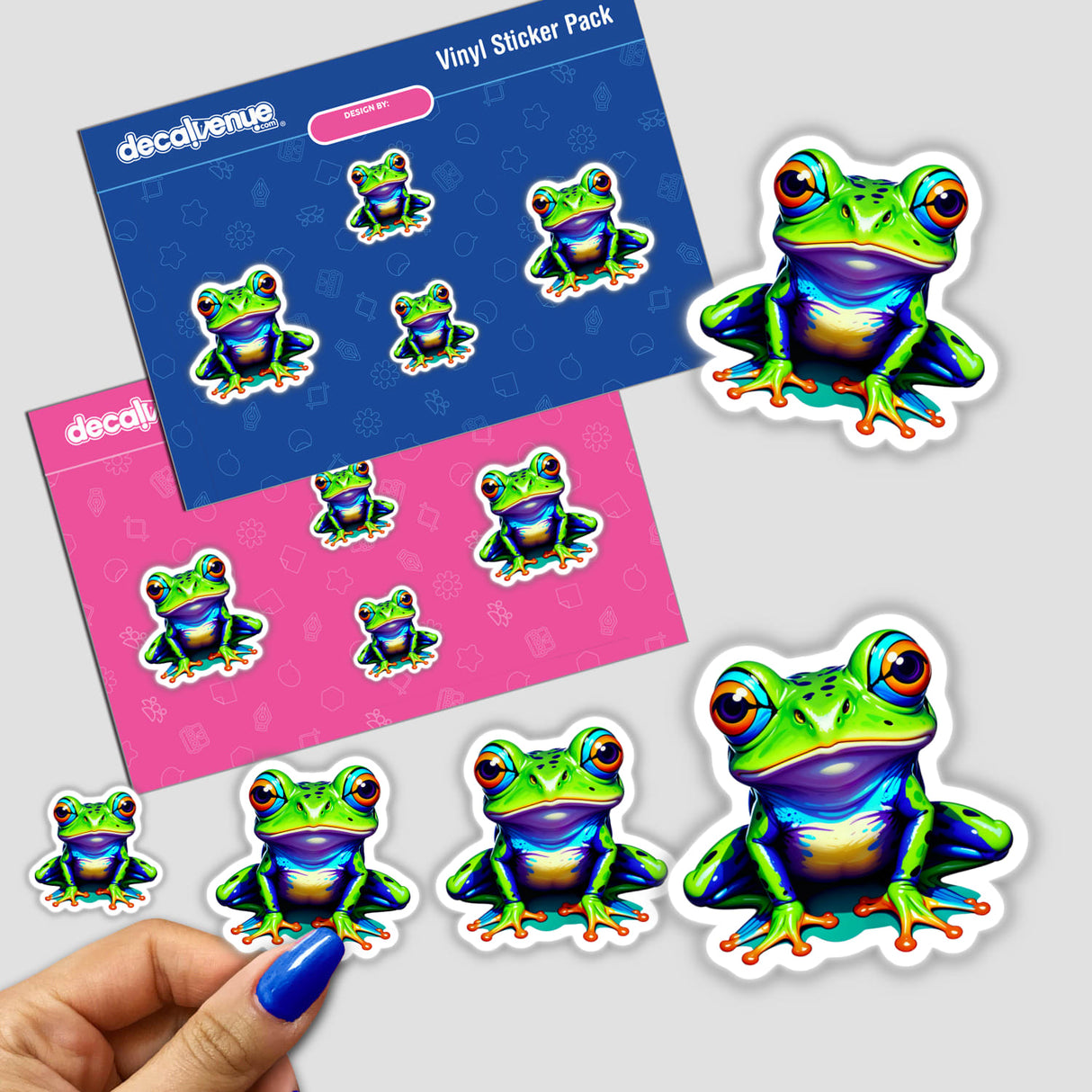 A Colorful Jungle Frog stickers featuring various cartoon frogs with large eyes, perfect for adding a playful touch to your collection. Available as stickers or digital artwork from Decal Venue.