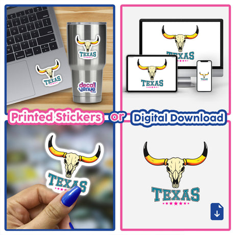 Texas USA Skull Design sticker collage featuring a bull skull with horns, available as stickers or digital artwork, shown on laptops and phones.