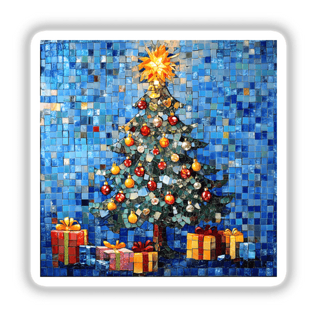 Christmas Tree with Ornaments and Gifts Mosaic, depicting a detailed mosaic Christmas tree with colorful presents underneath. Available as stickers or digital artwork from Decal Venue.