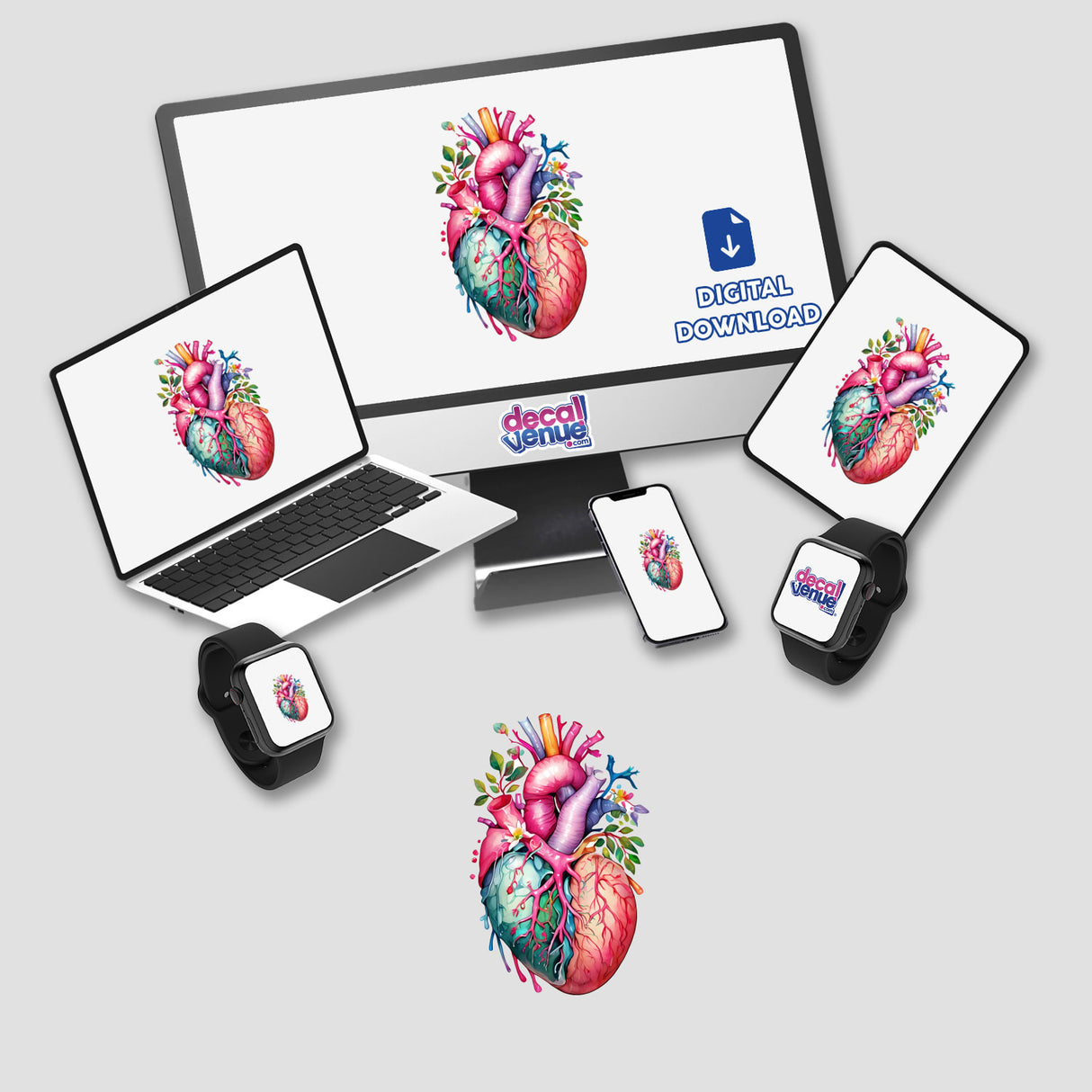 Botanical Heart Sticker - Organic Floral Kawaii Nature-Inspired Design featuring a laptop and monitor displaying a heart, available as stickers or digital artwork.