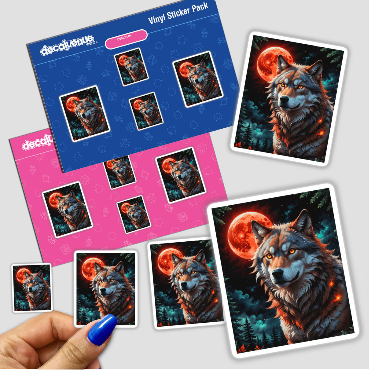 Sticker depicting 'A Wolf In The Night With A Blood Moon', featuring a wolf with orange eyes and a striking red moon, available as a sticker or digital artwork from Decal Venue.