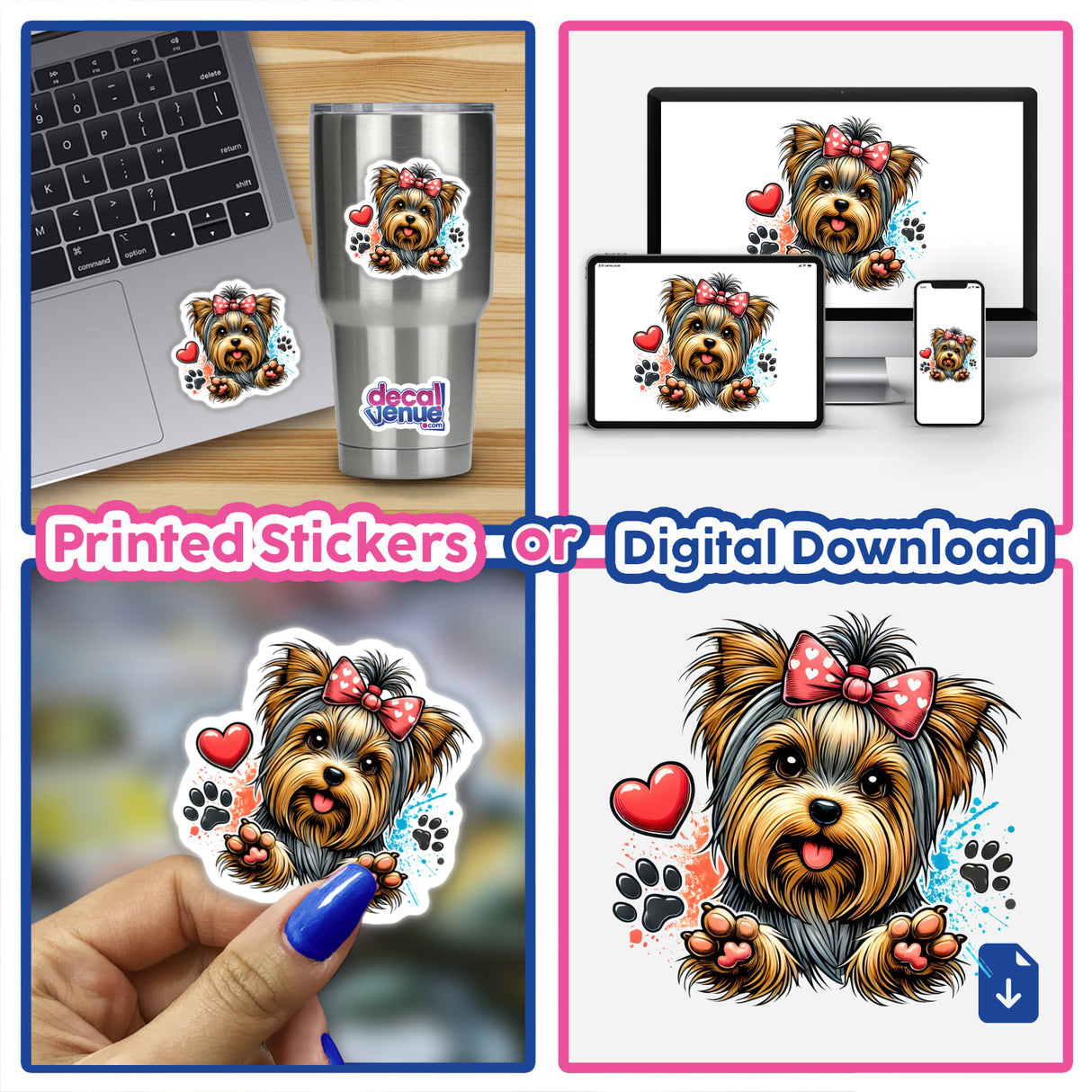 Yorkie Dog Hearts and Paws sticker collage featuring cartoon Yorkies with bows, perfect for decorating laptops or personal items.