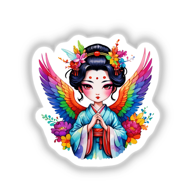 Sticker Design: Ethereal Angelic Geisha featuring a cartoon woman with colorful wings and flowers in her hair, available as stickers or digital artwork.