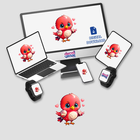 A monitor and laptop display A Cute Little Bird With Love Hearts cartoon, available as stickers or digital artwork, suited for unique decor from Decal Venue.