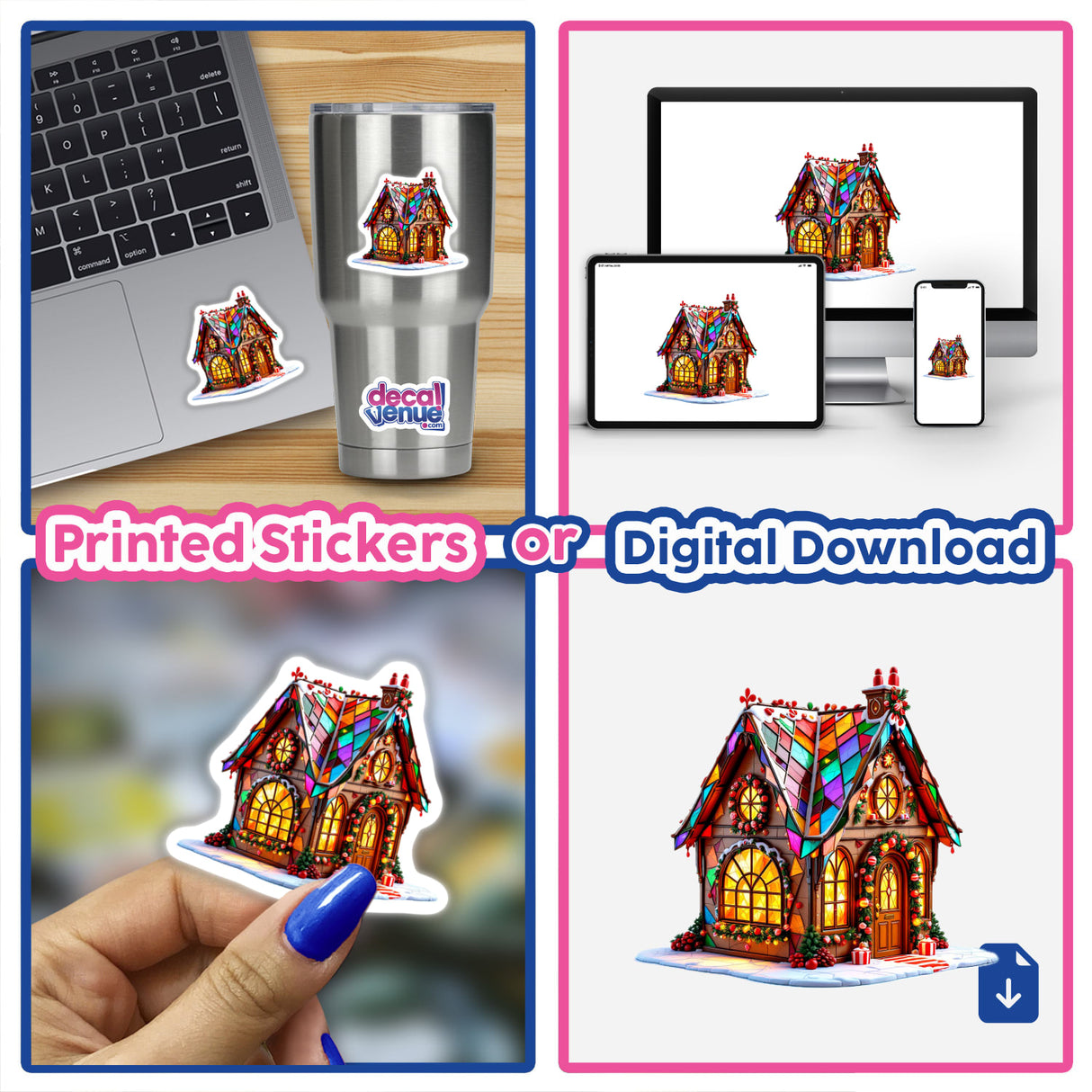 Gingerbread House Stained Glass Art collage featuring stickers and digital downloads, displayed on items like a laptop and a cup, highlighting Decal Venue's unique sticker and digital art offerings.