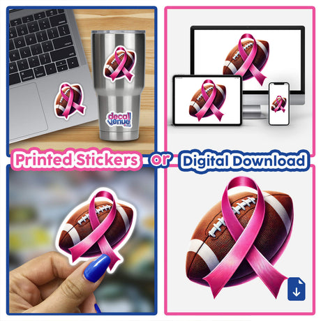 Collage showing a football adorned with a pink ribbon for breast cancer awareness, available as stickers or digital artwork.