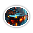 A Cool Ghost Fire Race Car sticker or digital artwork featuring a dynamic sports car with flames and illuminated headlights, encapsulating movement and intensity.