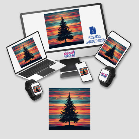 Christmas Tree Silhouette with Dynamic Stripes displayed on computer monitor, laptop, tablet, and phone screens, highlighting versatile digital artwork.