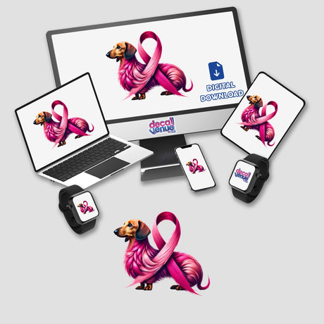 Pink Ribbon Dachshund Dog Breast Cancer sticker or digital artwork featuring a dachshund with a pink ribbon next to a laptop and monitor.