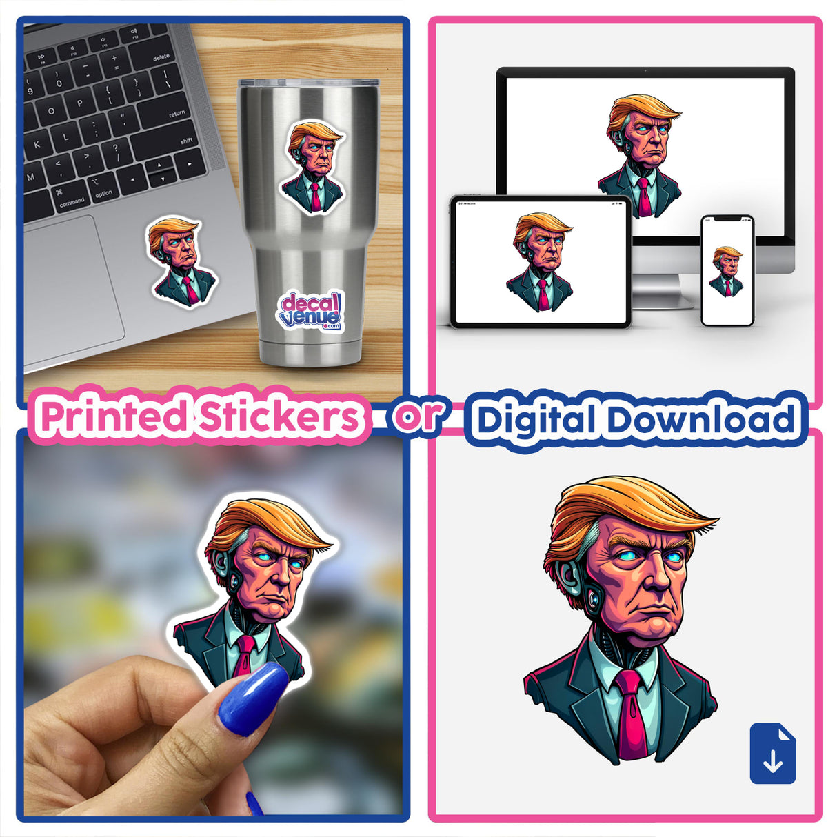 Collage featuring a laptop with a Futuristic President Donald Trump sticker, showcasing a digital artwork option. Ideal for fans seeking unique vinyl stickers or digital art from Decal Venue.