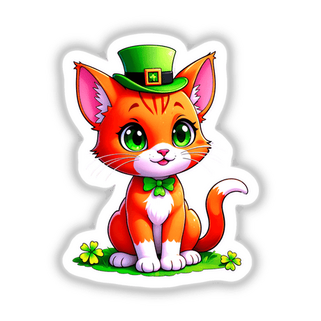 St. Patrick's Day Kitten: Cartoon cat with a leprechaun hat and bow tie, available as stickers or digital artwork from Decal Venue.