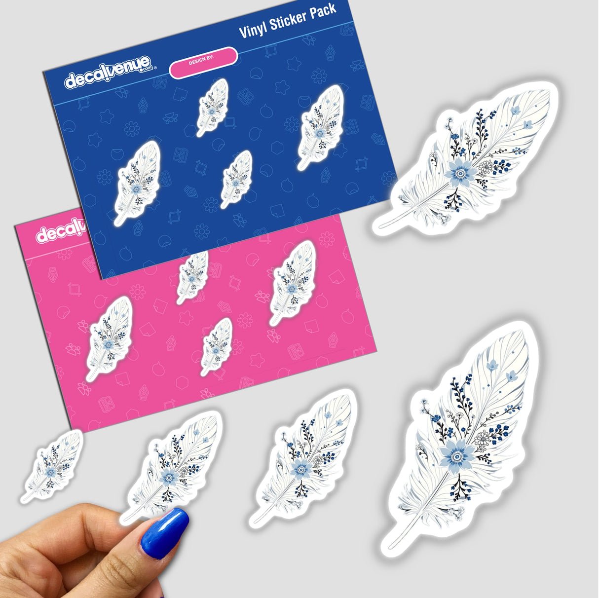 Chinoiserie Feather stickers featuring intricate designs of white and blue feathers with floral accents, highlighting the delicate artistry available at Decal Venue.