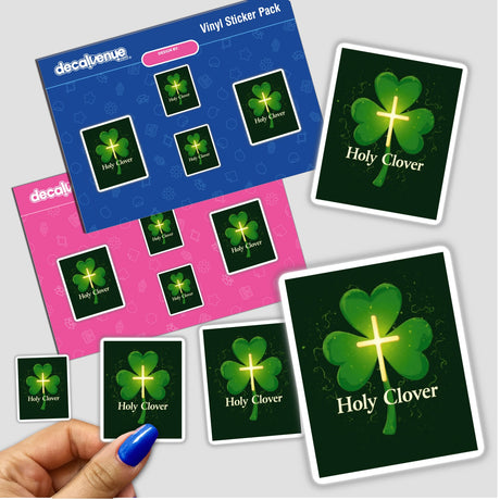 Holy Clover St. Patrick’s Day Sticker or Clipart featuring clovers with crosses. Available as unique vinyl stickers or digital artwork, perfectly capturing festive charm with commercial rights.