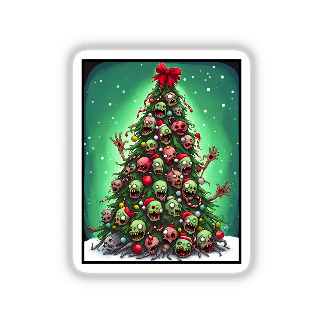 Oh Zombie Tree digital artwork features a cartoon Christmas tree adorned with skulls and quirky characters, available as stickers or digital art.