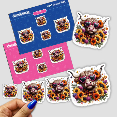 Sticker pack titled Highland Cow in Sunflowers, featuring cows adorned with sunflowers, hearts, and sunglasses, available as both stickers and digital artwork.