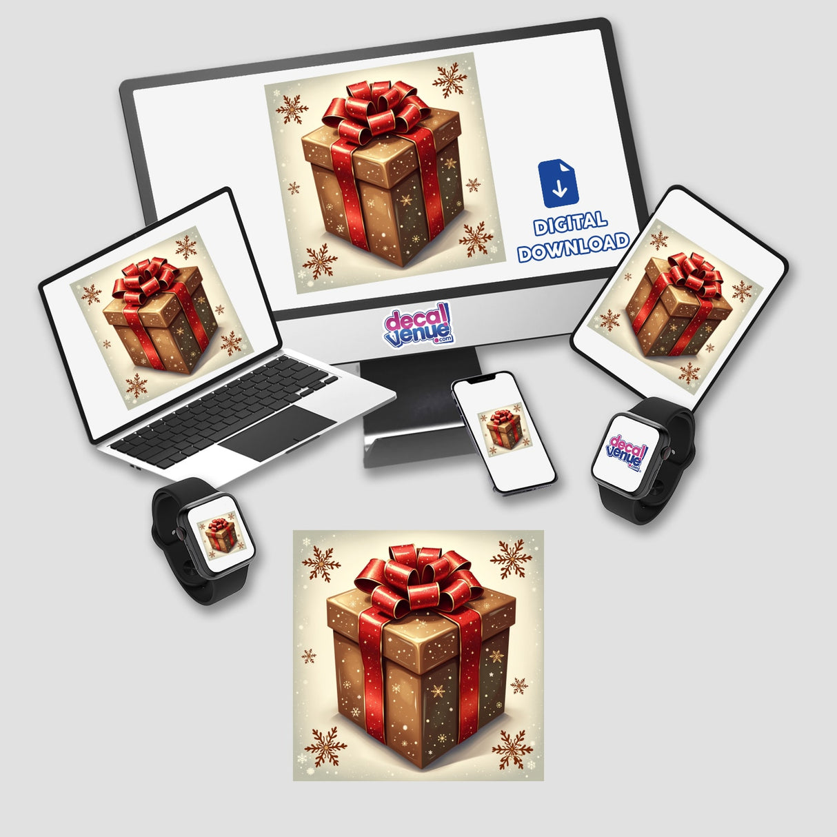 Holiday Gift Box Envelope Seal Stickers displayed on various devices, featuring a gift box with a red bow, ideal for embellishing Christmas cards and presents. Available as stickers or digital artwork.