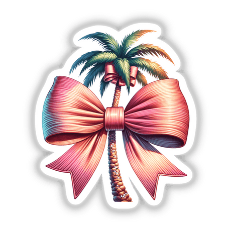 Colorful digital palm tree with a large pink ribbon bow, depicting tropical beach-inspired artwork.