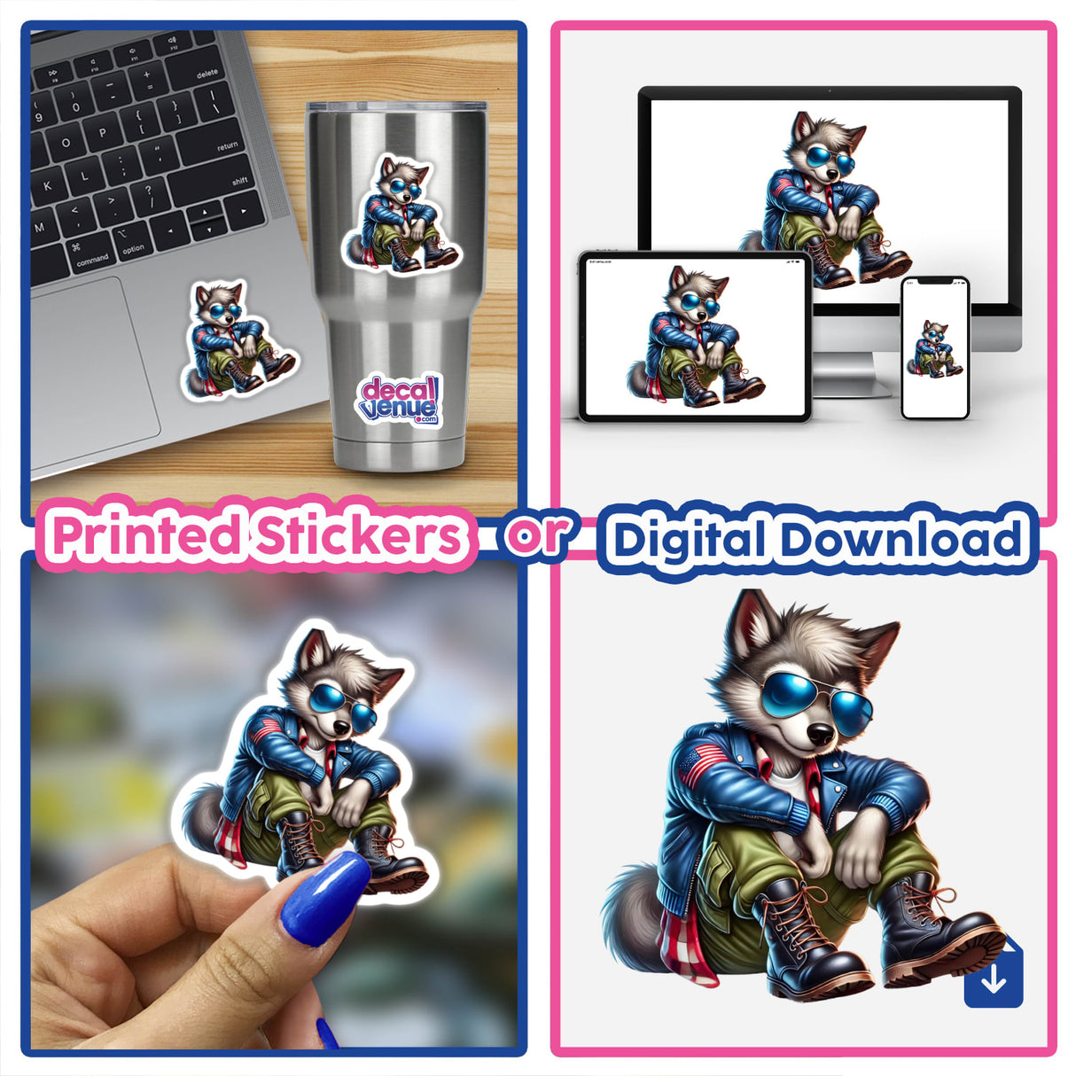 Colorful cartoon wolf character sticker displayed on various digital devices and printed items, showcasing the product options available from DecalVenue.