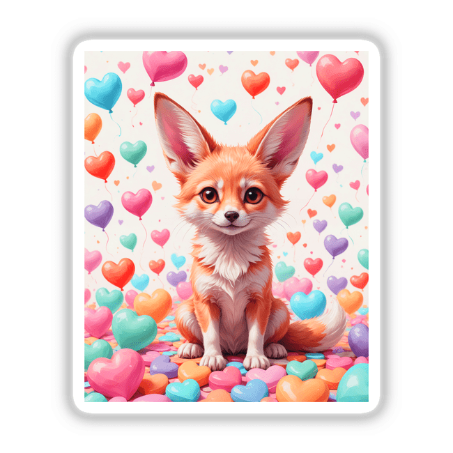 A Cute Fennec Fox With Love Hearts surrounded by heart-shaped balloons, ideal as stickers or digital artwork from Decal Venue, highlighting unique vinyl designs and digital creativity.