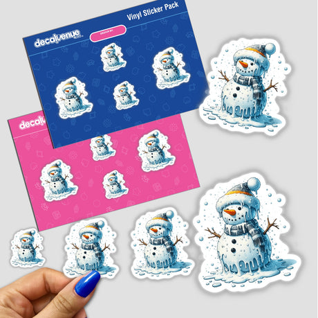 Melting Winter Snowman sticker pack, featuring cartoon snowmen with hats and scarves, held in hand. Available as stickers or digital artwork, exemplifying Decal Venue's unique sticker range.