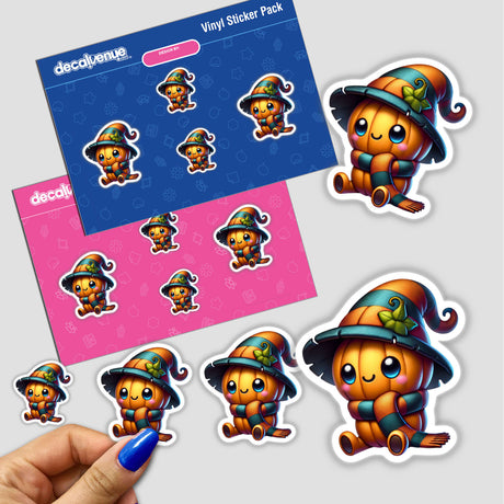 Hand holding sticker pack featuring cartoon pumpkin wearing a scarf and hat, perfect for fall decor and Halloween crafts from Decal Venue.