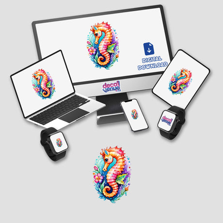 Cute Seahorse Intertwined with Flowers displayed on various devices, including a computer monitor, laptop, tablet, smartphone, and smartwatch. Available as Stickers or Digital Artwork.