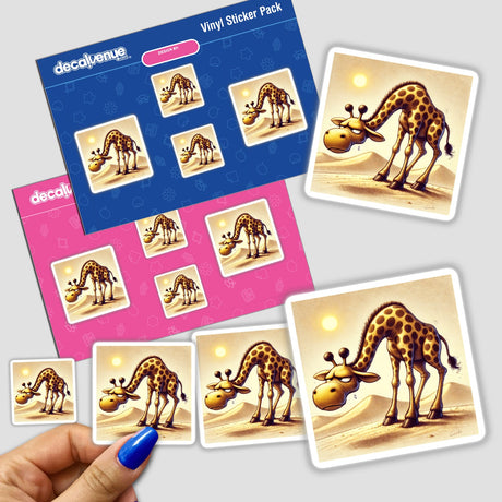 Grumpy Giraffe in the Desert sticker pack showing various cartoon giraffes, including a sad-faced giraffe and a giraffe in the desert.