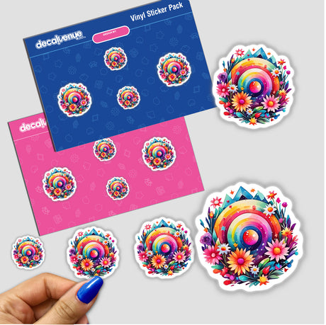 Abstract joyful Cosmic Floral Portal Sticker featuring vibrant flowers and rainbow elements, available as a sticker or digital artwork.