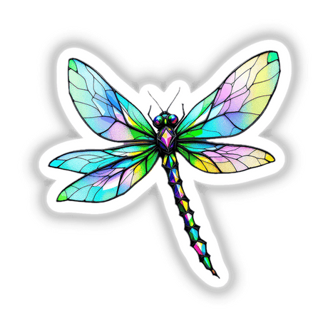 Dragonfly Stained Glass Style sticker or digital artwork showcasing a vibrant, intricately detailed dragonfly design, capturing the essence of unique artistic expression typical of Decal Venue's offerings.