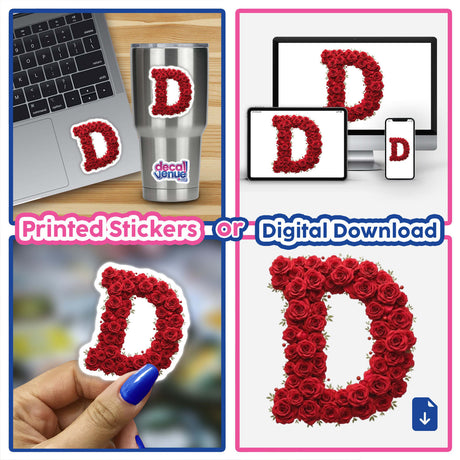 Elegant Floral Letter D Clipart - Downloadable Sticker with Commercial Rights. The collage features laptops and roses forming the letter D, highlighting the product's digital art aspect.