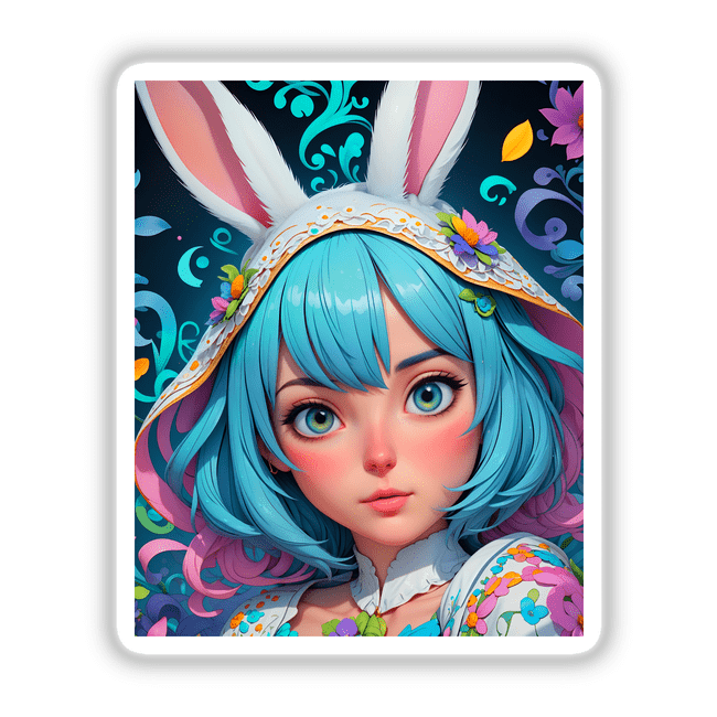 A Cute Easter Bunny Girl with blue hair and bunny ears, featured as a cartoon illustration, available as stickers or digital artwork from Decal Venue.