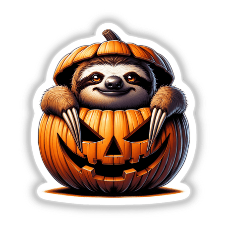 Adorable sloth peeking out of carved pumpkin for Halloween, Halloween digital artwork