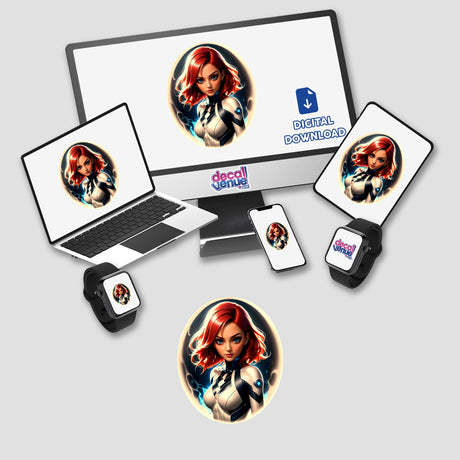 Cute Anime Superhero Girl displayed on a computer monitor and laptop, featured as vibrant stickers or digital artwork, perfectly aligns with Decal Venue's unique vinyl and digital art offerings.