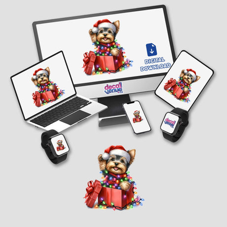 Christmas Lights Santa Yorkie Dog in Gift Box V depicted with a Yorkie wearing a Santa hat amidst festive decorations, featured on a computer monitor and laptop, highlighting Decal Venue's unique stickers and digital art.