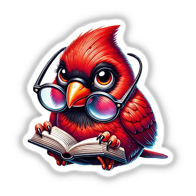 Red Cardinal Bird in Reading Glasses Open Book