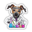 Scientist Dog with Test Tubes and Lab Coat: An illustration of a dog in a lab coat and glasses, surrounded by cartoon beakers, available as stickers or digital artwork from Decal Venue.