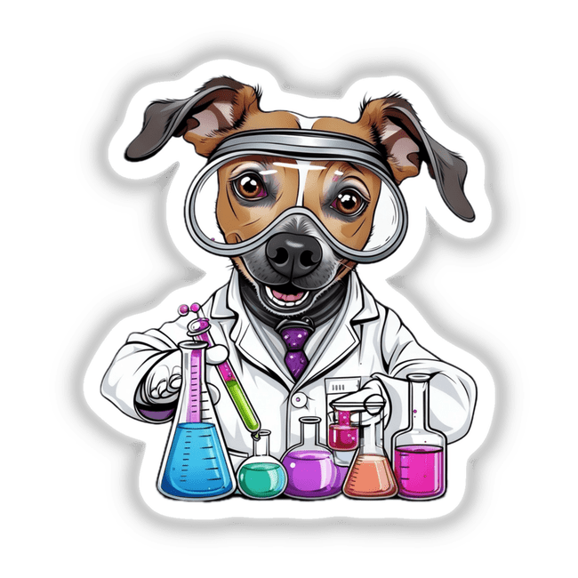 Scientist Dog with Test Tubes and Lab Coat: An illustration of a dog in a lab coat and glasses, surrounded by cartoon beakers, available as stickers or digital artwork from Decal Venue.