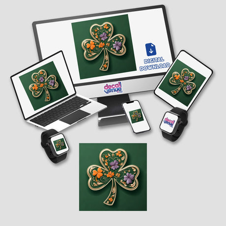 Floral Shamrock – Elegant Clover with Gold Accents and Colorful Flowers displayed on a computer monitor and laptop, available as stickers or digital artwork from Decal Venue.